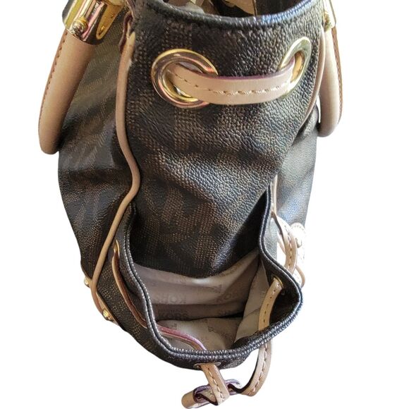 Michael Kors Brown Monogram Drawstring Satchel Handbag Purse Double Top Handle - Picture 10 of 16